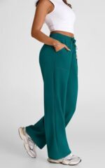 Buy Q - RIOUS Women's Wide Leg High Waisted Baggy Lounge Sweat Pants Drawstring Athletic Flared Joggers with Pockets (Teal_30) - Image 4