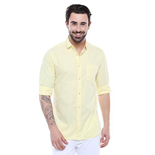 31LupxBGGxL.jpg Dennis Lingo Men's Cotton Yellow Green Solid Casual Shirt (C301_Yellow_XL) : Clothing & Accessories - Image 1