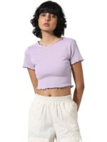 Buy ONLY Women Solid Cotton Crop Length Slim Fit Purple T-Shirt - Image 3
