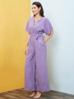 Buy Globus Women Lavender Solid V-Neck Drop Shoulder Waist Tie-Up Jumpsuit-3640642002 - Image 3