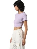 Buy ONLY Women Solid Cotton Crop Length Slim Fit Purple T-Shirt - Image 5