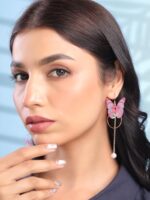 Yellow Chimes Danglers Earrings for Women | Pink Earrings for Girls | Fashion Women Earrings | Butterfly Shaped Long Chain Dangler Earrings | Birthday Gift For Girls Anniversary Gift for Wife  : Fashion - Image 3