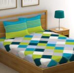 Huesland by Ahmedabad Cotton 144 TC Cotton King Size Bedsheet with 2 Pillow Covers - Blue, Green & Grey(9ft x 9ft)  : Home & Kitchen