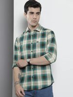 The Indian Garage Co Polyester Men's Checkered Slim Fit Shirt (1221-Sh151-32_Green & White L, T-Shirt)  : Clothing & Accessories - Image 4