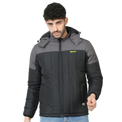4187S3QgbL.jpg Buy Boldfit Men's Quilted Polyester Standard Length Jacket Monsoon Winter Wear Hooded Winter Padded Bomber Full Sleeve Jacket Black Grey Large - Image 1