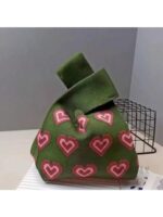 Buy Street27® Japanese Style Wrist Handbag for Women Knitted Handbag With Bow Décor Aesthetic Crochet Knit Tote Bag suitable for daily use, Shopping, Travel, Gift (Green Hearts) - Image 5