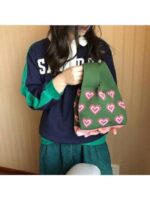 Buy Street27® Japanese Style Wrist Handbag for Women Knitted Handbag With Bow Décor Aesthetic Crochet Knit Tote Bag suitable for daily use, Shopping, Travel, Gift (Green Hearts) - Image 2