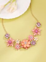 Yellow Chimes Necklace For Women Gold Toned Pink color Floral Designed Crystal Necklace For Women and Girls  : Fashion - Image 2