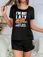 Buy SMOWKLY Women's Cotton Half Sleeve T-Shirt & Short Pyjama Set | Printed Top & Shorts Nightsuit Pair for Women | Casual Two-Piece Co-Ords Outfits (1596_BK_L) Coal Black - Image 5