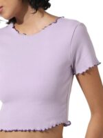 Buy ONLY Women Solid Cotton Crop Length Slim Fit Purple T-Shirt - Image 4