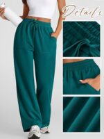 Buy Q - RIOUS Women's Wide Leg High Waisted Baggy Lounge Sweat Pants Drawstring Athletic Flared Joggers with Pockets (Teal_30) - Image 3