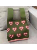 Buy Street27® Japanese Style Wrist Handbag for Women Knitted Handbag With Bow Décor Aesthetic Crochet Knit Tote Bag suitable for daily use, Shopping, Travel, Gift (Green Hearts) - Image 4