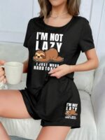 Buy SMOWKLY Women's Cotton Half Sleeve T-Shirt & Short Pyjama Set | Printed Top & Shorts Nightsuit Pair for Women | Casual Two-Piece Co-Ords Outfits (1596_BK_L) Coal Black - Image 4