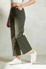 Buy GRECIILOOKS High Waist Trousers for Women – Flared Korean Style Formal Pants | Elegant Workwear for Office, College & Events Green - Image 3