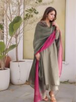 Buy GoSriKi Women's Silk Viscose Solid Straight Kurta with Pant & Dupatta (Mogul Grey-GS_S_Grey_Small) - Image 2