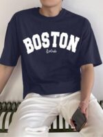 Buy LEOTUDE Men's Half Sleeve Round Neck Cottonblend Graphic Print Oversized Tshirt for Man (FS49_Navy_Boston_P_Navy Blue_M) - Image 5