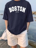 Buy LEOTUDE Men's Half Sleeve Round Neck Cottonblend Graphic Print Oversized Tshirt for Man (FS49_Navy_Boston_P_Navy Blue_M) - Image 3