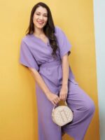 Buy Globus Women Lavender Solid V-Neck Drop Shoulder Waist Tie-Up Jumpsuit-3640642002 - Image 7