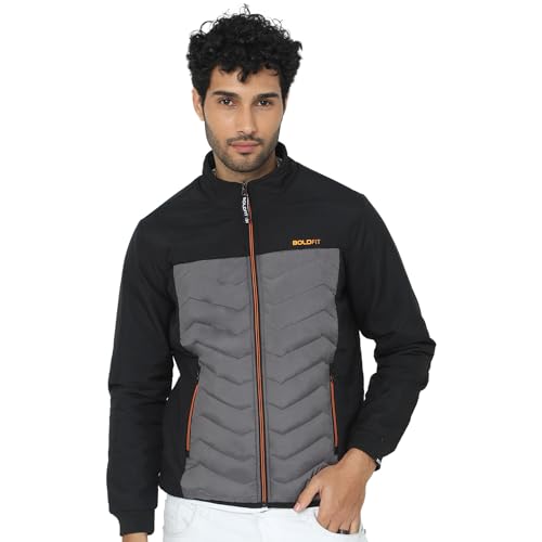 41kajl9OCL.jpg Buy Boldfit Men's Quilted Polyester Standard Length Jacket Monsoon Winter Wear Hooded Winter Padded Bomber Full Sleeve Jacket Black Grey Small - Image 1