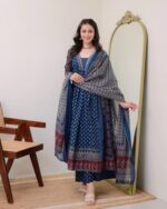 Buy KLOSIA Women Printed Anarkali Kurta and Pant Set with Dupatta (in, Alpha, 2XL, Teal Blue) - Image 6