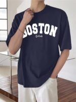 Buy LEOTUDE Men's Half Sleeve Round Neck Cottonblend Graphic Print Oversized Tshirt for Man (FS49_Navy_Boston_P_Navy Blue_M) - Image 2