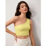 GLARE & BLAIR One Shoulder Sleeveless Western Stylish Ribbed Crop Tank Slim Fit Top For Women (Small, Pastel Yellow)  : Clothing & Accessories - Image 3
