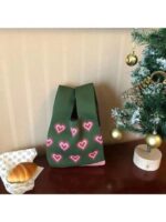 Buy Street27® Japanese Style Wrist Handbag for Women Knitted Handbag With Bow Décor Aesthetic Crochet Knit Tote Bag suitable for daily use, Shopping, Travel, Gift (Green Hearts) - Image 6