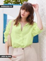 Buy The Souled Store Solids Lime Women and Girls Loose fit Full Sleeve Cotton and Linen Yellow Color Women Boyfriend Shirts - Image 3