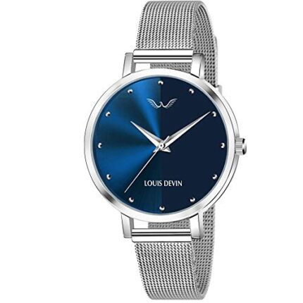 LOUIS DEVIN LD-L144-BLU-CH Mesh Blue Dial Silver Band Stainless Steel Chain Analog Wrist Watch for Women  : Fashion