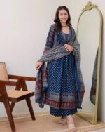 Buy KLOSIA Women Printed Anarkali Kurta and Pant Set with Dupatta (in, Alpha, 2XL, Teal Blue) - Image 8