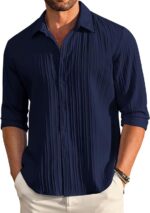 CB-COLEBROOK Men's Casual Button Down Shirts Long Sleeve Linen Shirt Fashion Textured Beach Summer Shirt (in, Alpha, S, Regular, Navy Blue)  : Clothing & Accessories