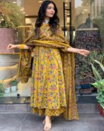 Buy GoSriKi Women's Rayon Blend Anarkali Printed Kurta with Pant & Dupatta & Dupatta (CIA Yellow-GS_XL_Yellow_X-Large) - Image 9
