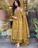 Buy GoSriKi Women's Rayon Blend Anarkali Printed Kurta with Pant & Dupatta & Dupatta (CIA Yellow-GS_XL_Yellow_X-Large) - Image 3