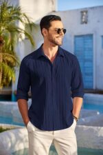 CB-COLEBROOK Men's Casual Button Down Shirts Long Sleeve Linen Shirt Fashion Textured Beach Summer Shirt (in, Alpha, S, Regular, Navy Blue)  : Clothing & Accessories - Image 3