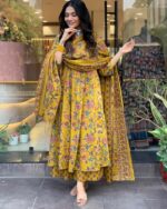 Buy GoSriKi Women's Rayon Blend Anarkali Printed Kurta with Pant & Dupatta & Dupatta (CIA Yellow-GS_XL_Yellow_X-Large) - Image 4