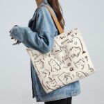 Buy wolpin Women Reusable Shopping/Grocery Classic Tote Bag With Pocket Shoulder Cotton Handbag Zipper Closure Travel Bag Multi-Purpose, Funny Cat, Beige - Image 2