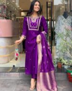 GoSriKi Women's Silk Blend Straight Embroidered Kurta with Pant & Dupatta (MANUSHI BEGANI-GS_XL_Begani_X-Large)  : Clothing & Accessories - Image 2