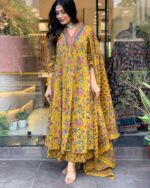 Buy GoSriKi Women's Rayon Blend Anarkali Printed Kurta with Pant & Dupatta & Dupatta (CIA Yellow-GS_XL_Yellow_X-Large) - Image 7