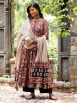 Buy Nermosa Women Printed Anarkali Kurta and Pant Set with Dupatta (in, Alpha, L, Maroon) - Image 6