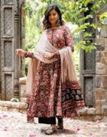 Buy Nermosa Women Printed Anarkali Kurta and Pant Set with Dupatta (in, Alpha, L, Maroon) - Image 5