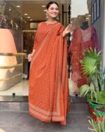 Buy ANNI DESIGNER Women's Rayon Viscose Anarkali Printed Kurta with Pant & Dupatta (Hamlet Orange_L_Orange_Large) - Image 8