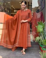 Buy ANNI DESIGNER Women's Rayon Viscose Anarkali Printed Kurta with Pant & Dupatta (Hamlet Orange_L_Orange_Large) - Image 3