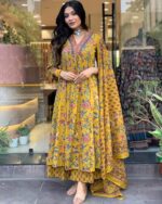 Buy GoSriKi Women's Rayon Blend Anarkali Printed Kurta with Pant & Dupatta & Dupatta (CIA Yellow-GS_XL_Yellow_X-Large) - Image 2