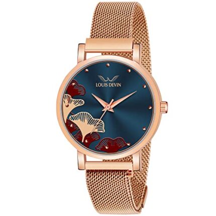 LOUIS DEVIN Rose Gold Plated Mesh Chain Analog Wrist Watch for Women (Blue Dial) | LD-RG162-BLU  : Fashion