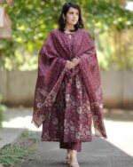 Buy Alvami Women Viscose Anarkali Kurta Pant with Dupatta Set (XL) Maroon - Image 5