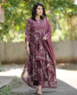 Buy Alvami Women Viscose Anarkali Kurta Pant with Dupatta Set (XL) Maroon - Image 4