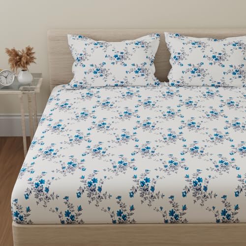 51vdWsLIbL.jpg Huesland by Ahmedabad Cotton 144 TC Cotton Bedsheet for Double Bed with 2 Pillow Covers - White, Blue : Home & Kitchen - Image 1