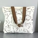 Buy wolpin Women Reusable Shopping/Grocery Classic Tote Bag With Pocket Shoulder Cotton Handbag Zipper Closure Travel Bag Multi-Purpose, Funny Cat, Beige - Image 3